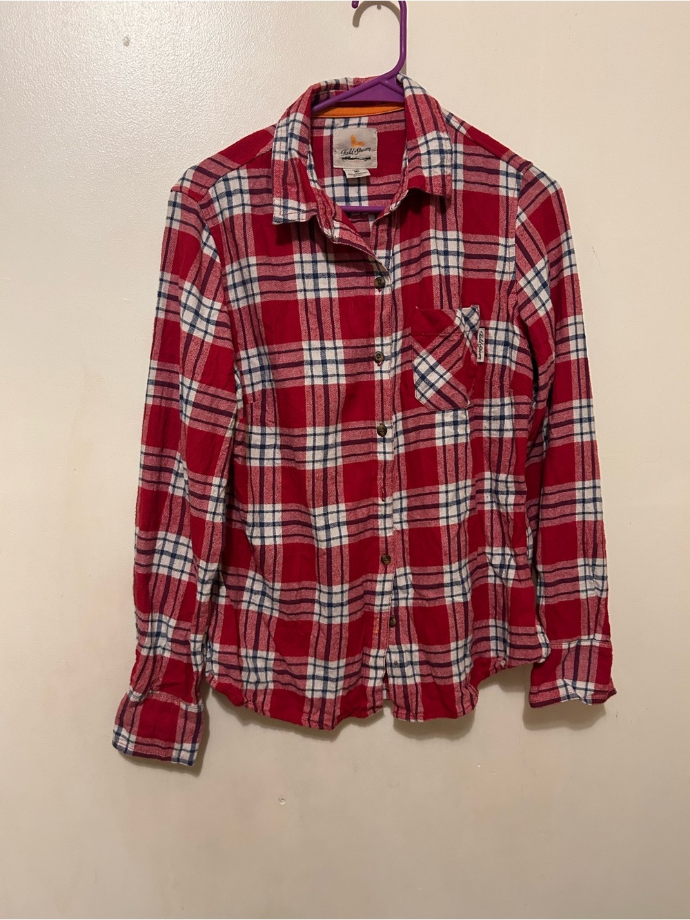 Field & Stream Red and White Plaid Button-Down Flannel Shirt Sz M